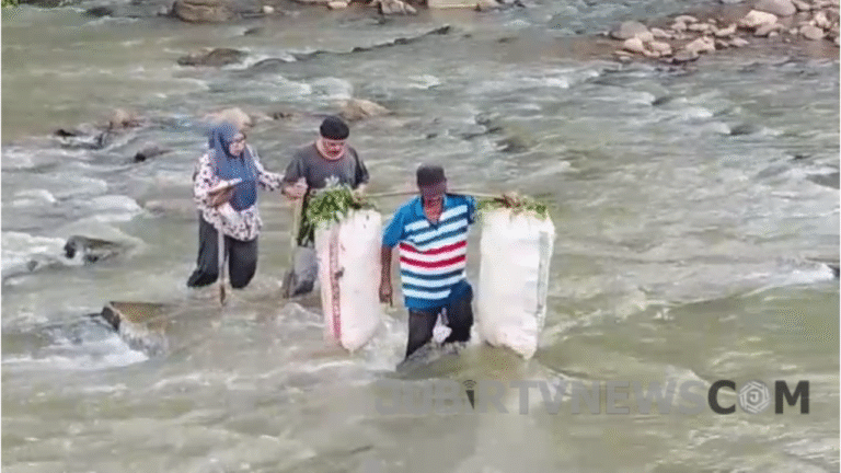 Jembatan Ambruk, Guru Hamil 7 Bulan Terpaksa Sebrangi Sungai Cikaso Lengkong-Sukabumi untuk Mengajar
