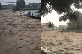 Debit air sungai Cisolok tinggi akibat hujan deras yang terjadi pada hari Kamis (4/12/2025). | Foto: Ist