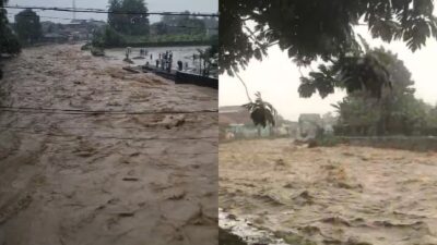 Debit air sungai Cisolok tinggi akibat hujan deras yang terjadi pada hari Kamis (4/12/2025). | Foto: Ist