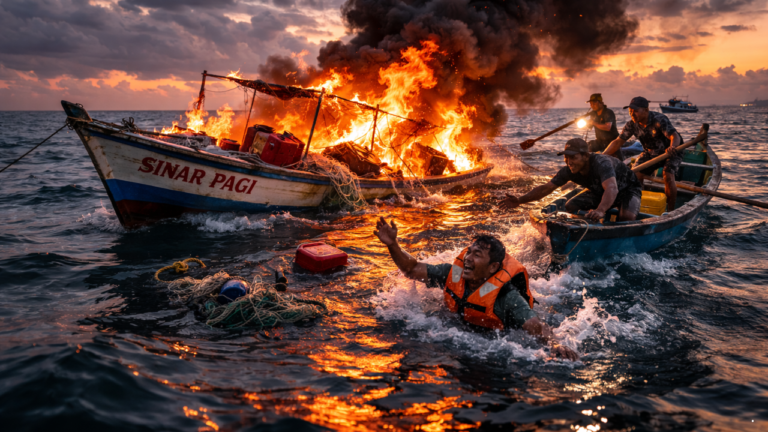 Perahu Nelayan ‘Sinar Pagi’ Terbakar di Perairan Pangumbahan Sukabumi, 1 Orang Selamat Usai Lompat ke Laut