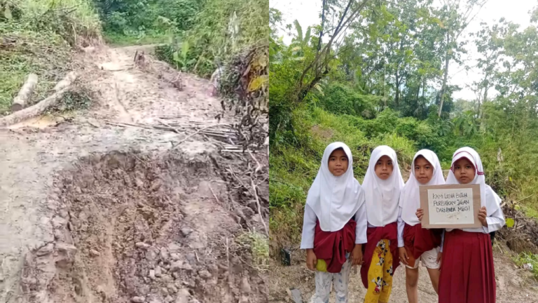 Pelajar SD di Warungkiara Tempuh 1 Km Jalan Rusak dan Berlumpur Demi Sekolah